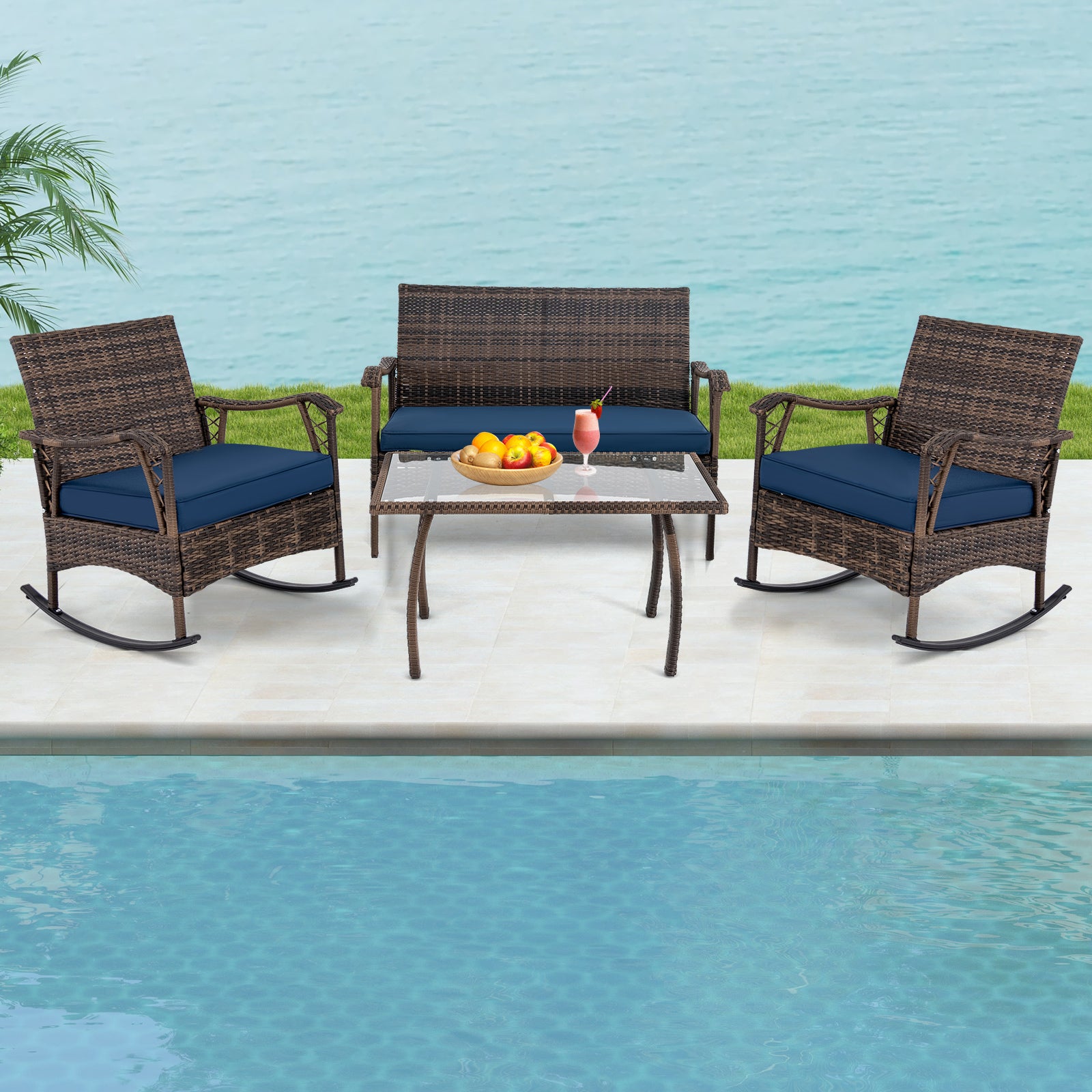 4 Pieces Wicker Rocking Set with Bungee Rope Seat for Porch Yard, Navy Patio Conversation Sets at Gallery Canada