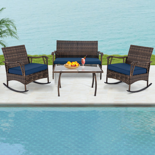 4 Pieces Wicker Rocking Set with Bungee Rope Seat for Porch Yard, Navy Patio Conversation Sets Navy at Gallery Canada