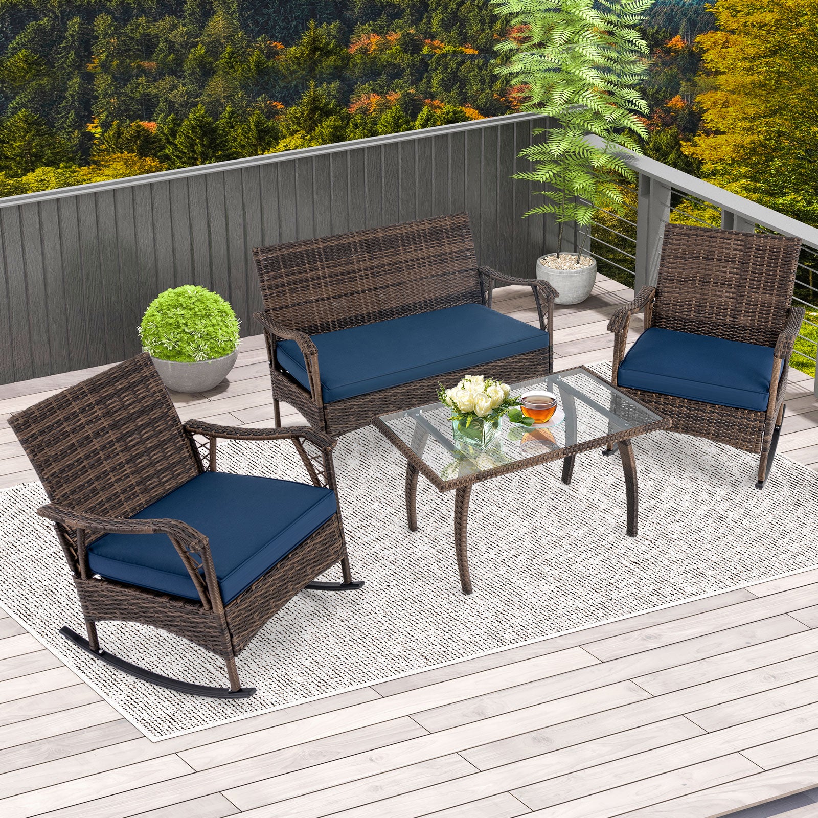 4 Pieces Wicker Rocking Set with Bungee Rope Seat for Porch Yard, Navy Patio Conversation Sets at Gallery Canada