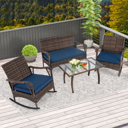 4 Pieces Wicker Rocking Set with Bungee Rope Seat for Porch Yard, Navy Patio Conversation Sets at Gallery Canada