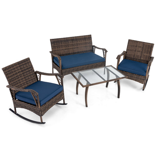 Wicker Rocking Set, 4 Pieces, Bungee Rope Seat, Navy