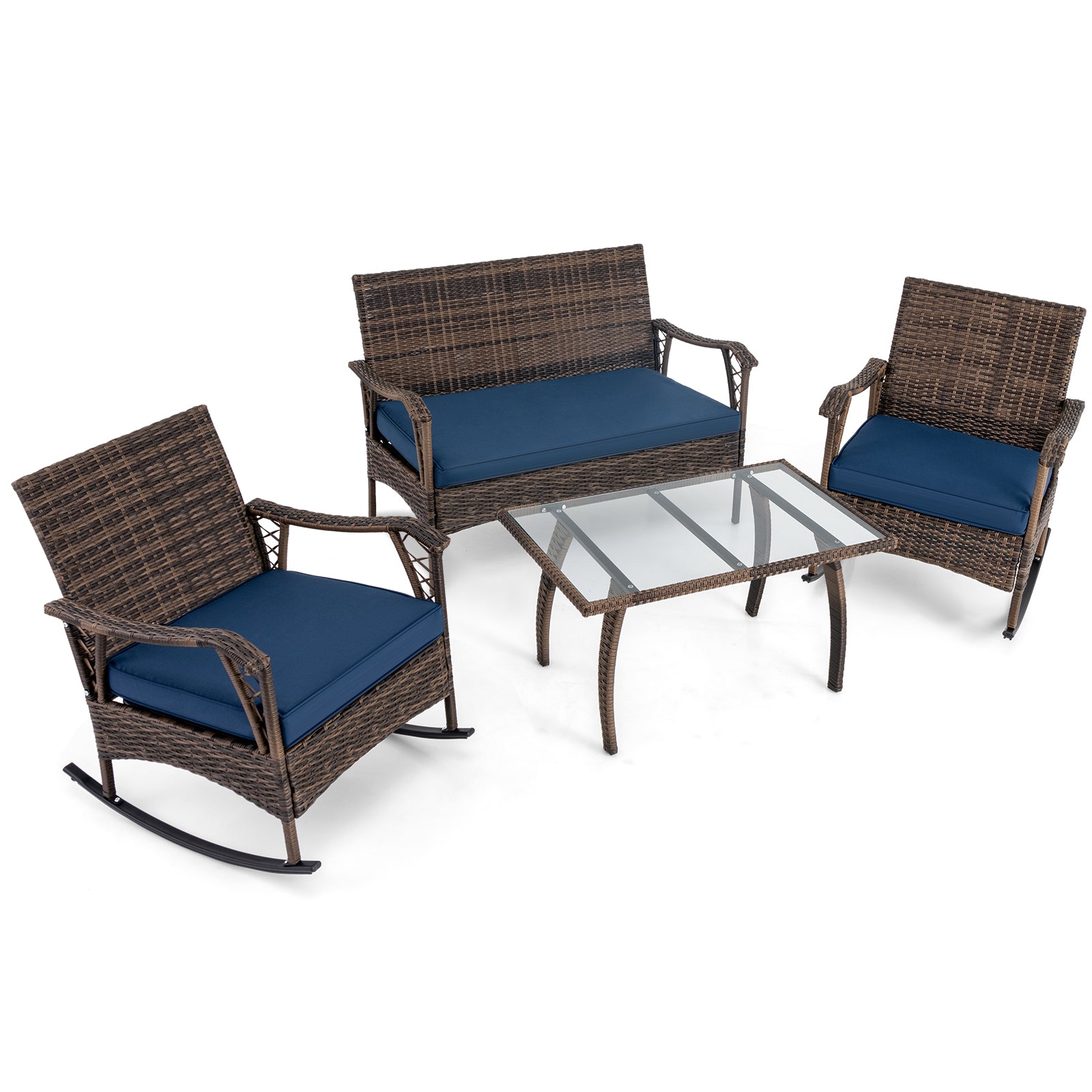 4 Pieces Wicker Rocking Set with Bungee Rope Seat for Porch Yard, Navy Patio Conversation Sets at Gallery Canada