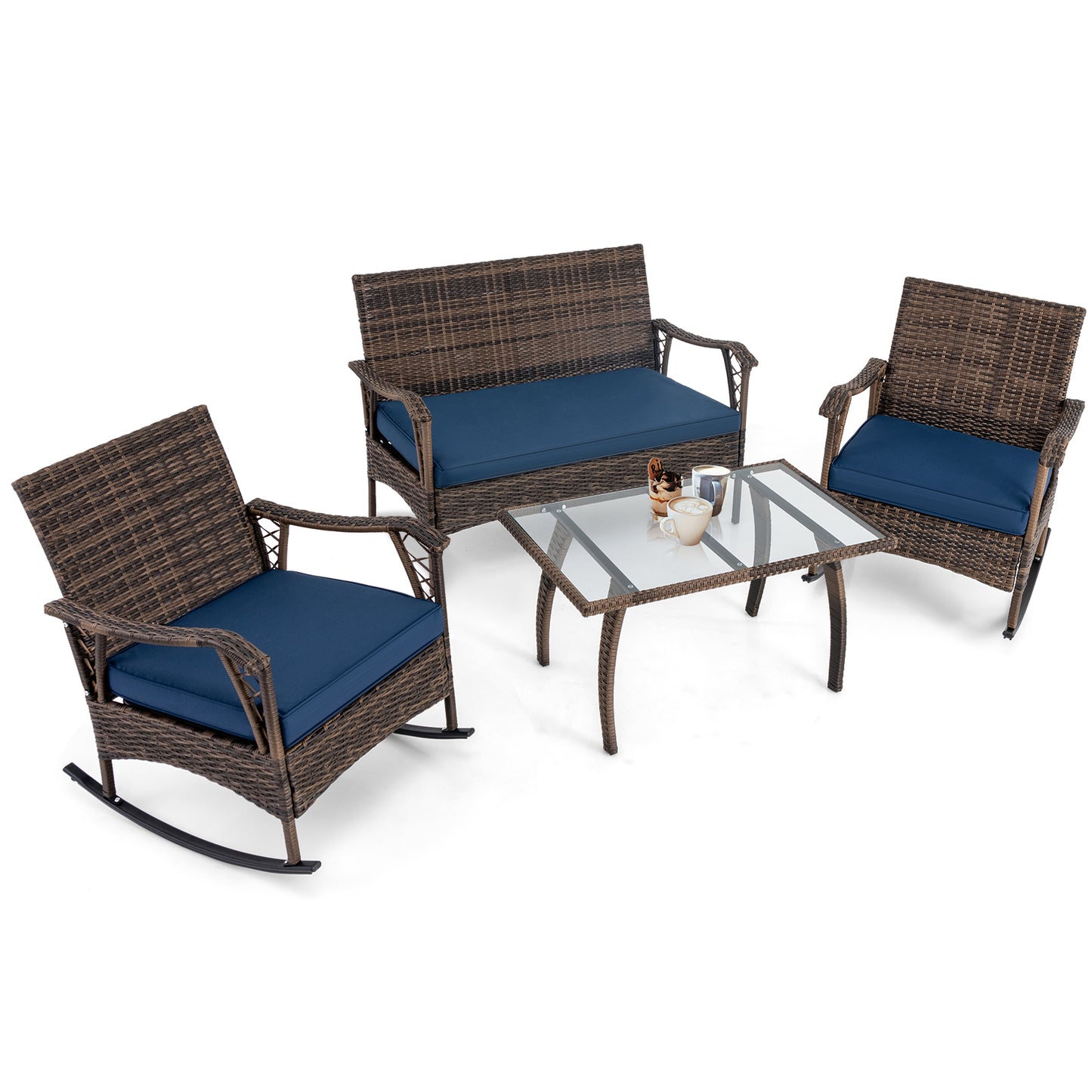 4 Pieces Wicker Rocking Set with Bungee Rope Seat for Porch Yard, Navy Patio Conversation Sets at Gallery Canada