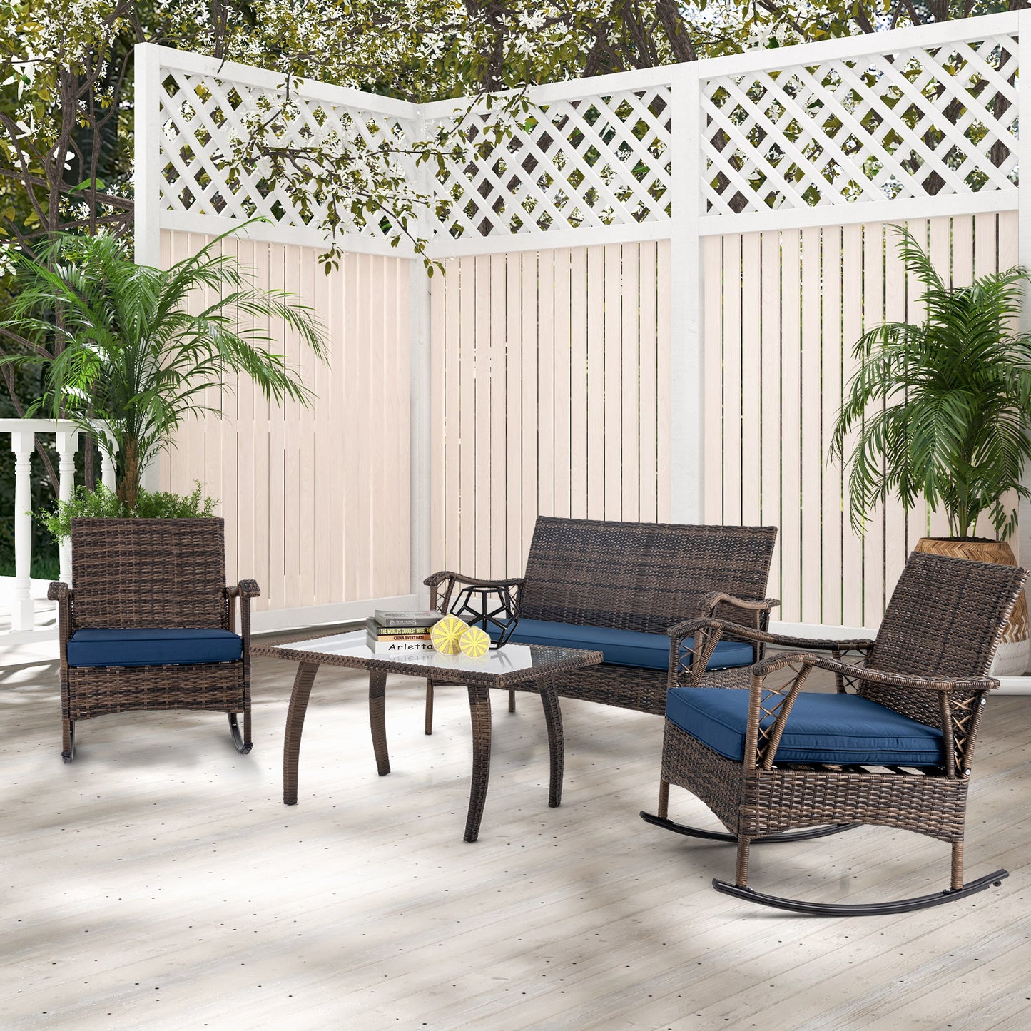 4 Pieces Wicker Rocking Set with Bungee Rope Seat for Porch Yard, Navy Patio Conversation Sets at Gallery Canada