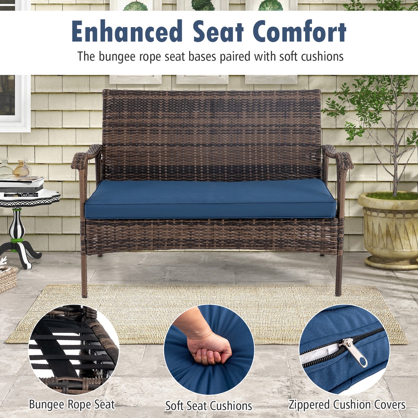 4 Pieces Wicker Rocking Set with Bungee Rope Seat for Porch Yard, Navy Patio Conversation Sets at Gallery Canada