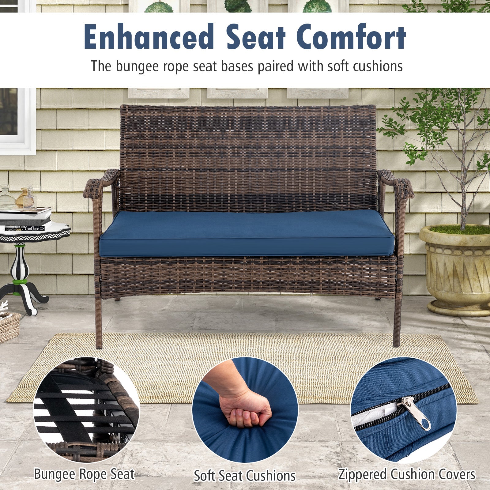 4 Pieces Wicker Rocking Set with Bungee Rope Seat for Porch Yard, Navy Patio Conversation Sets at Gallery Canada