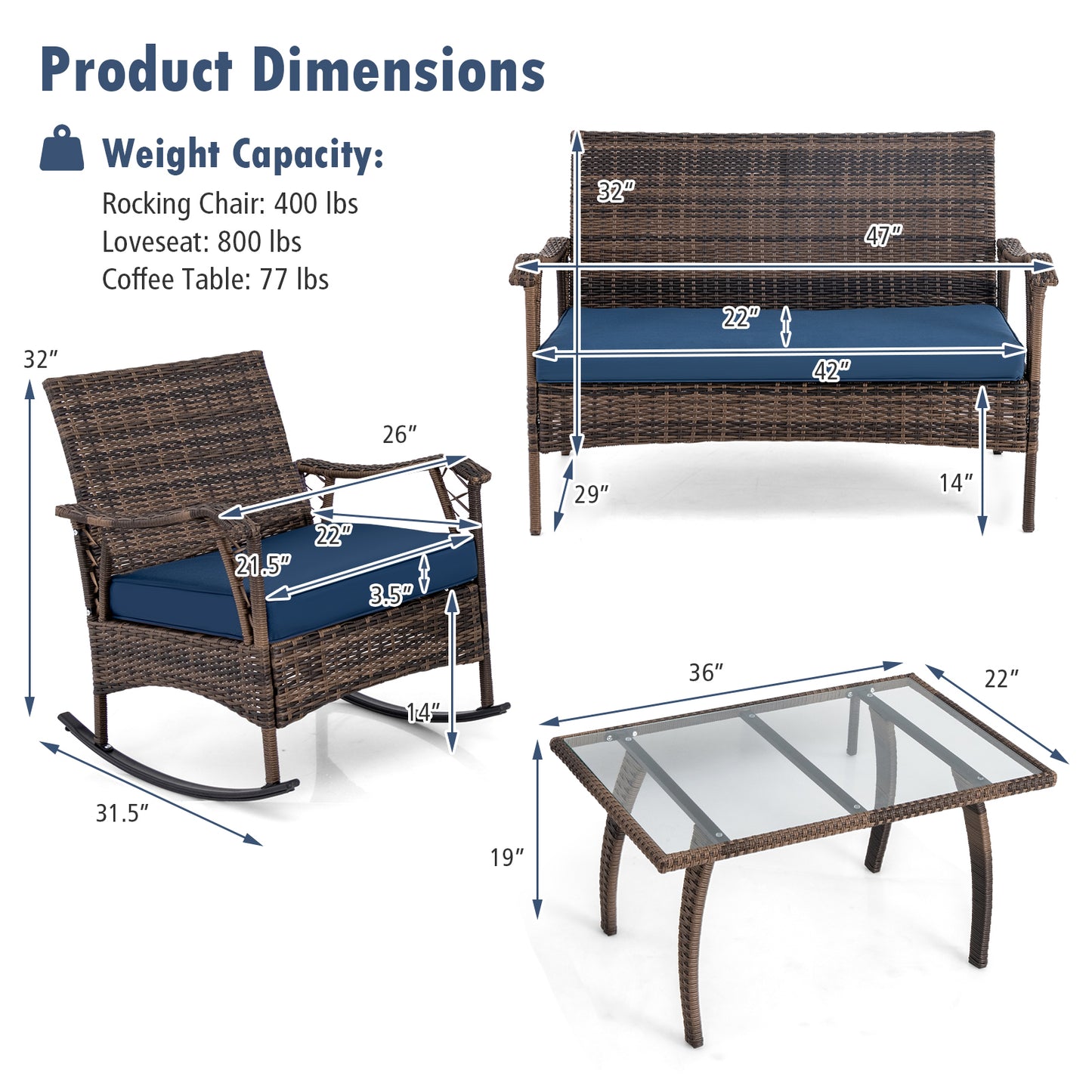 4 Pieces Wicker Rocking Set with Bungee Rope Seat for Porch Yard, Navy Patio Conversation Sets at Gallery Canada