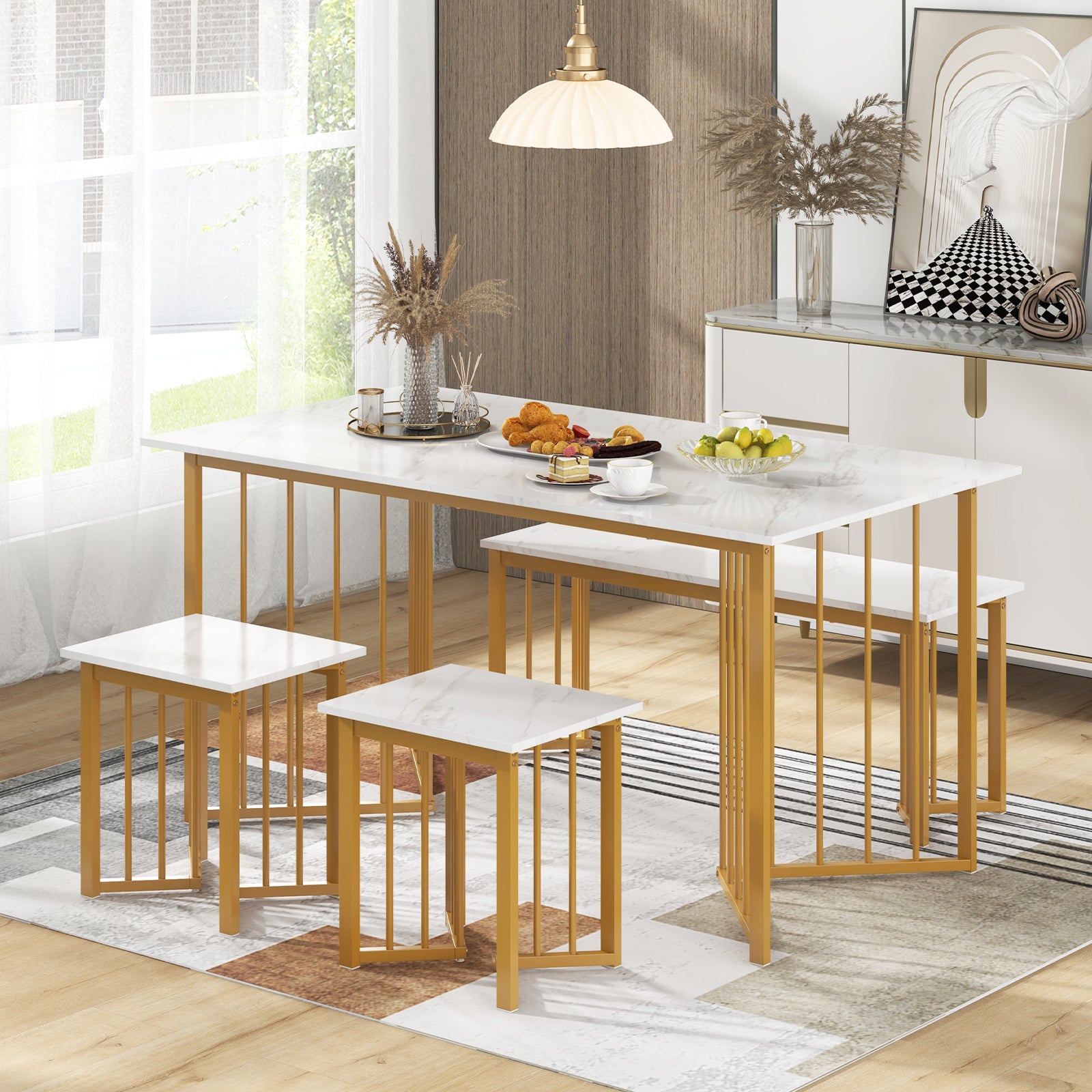 4 Piece Dining Table Set with Bench and 2 Stools, White Dining Room Sets at Gallery Canada