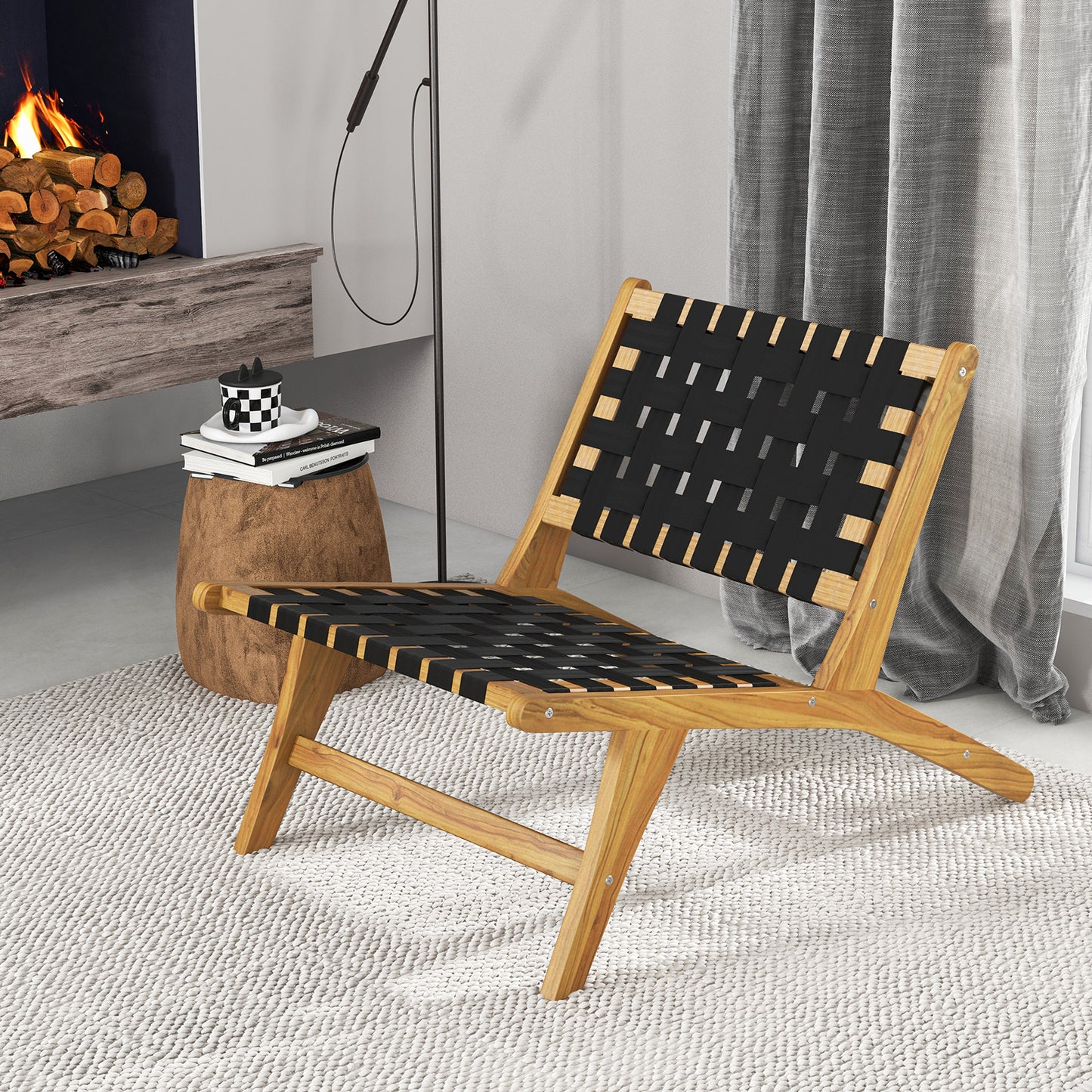 Indoor Patio Teak Wooden Chair with Woven Webbing Seat and Backrest, Natural & Black Patio Dining Chairs at Gallery Canada