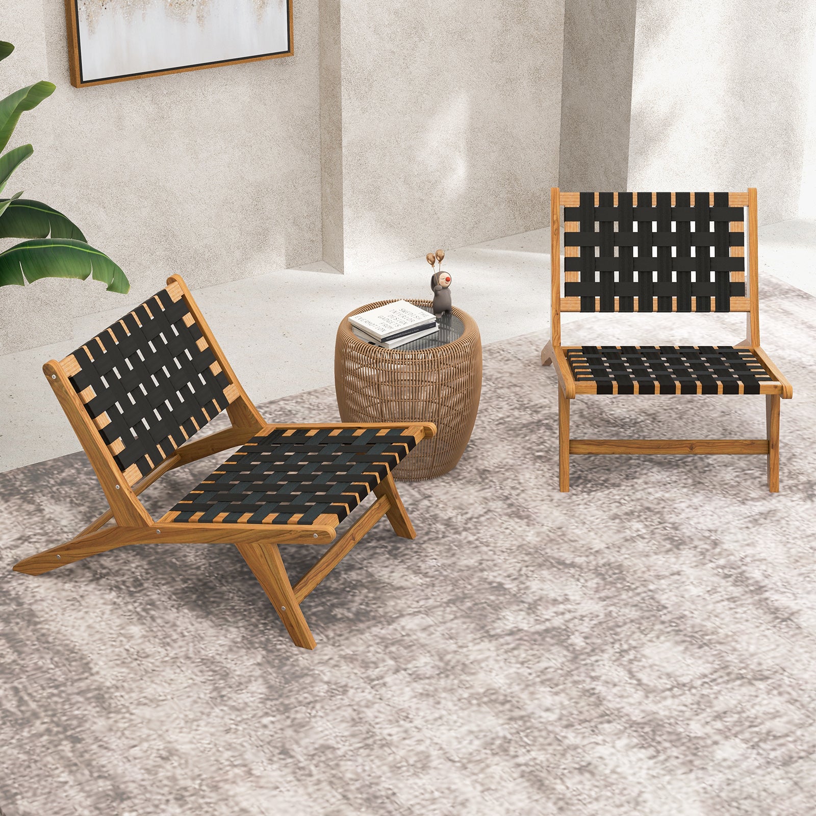 Indoor Patio Teak Wooden Chair with Woven Webbing Seat and Backrest, Natural & Black Patio Dining Chairs at Gallery Canada