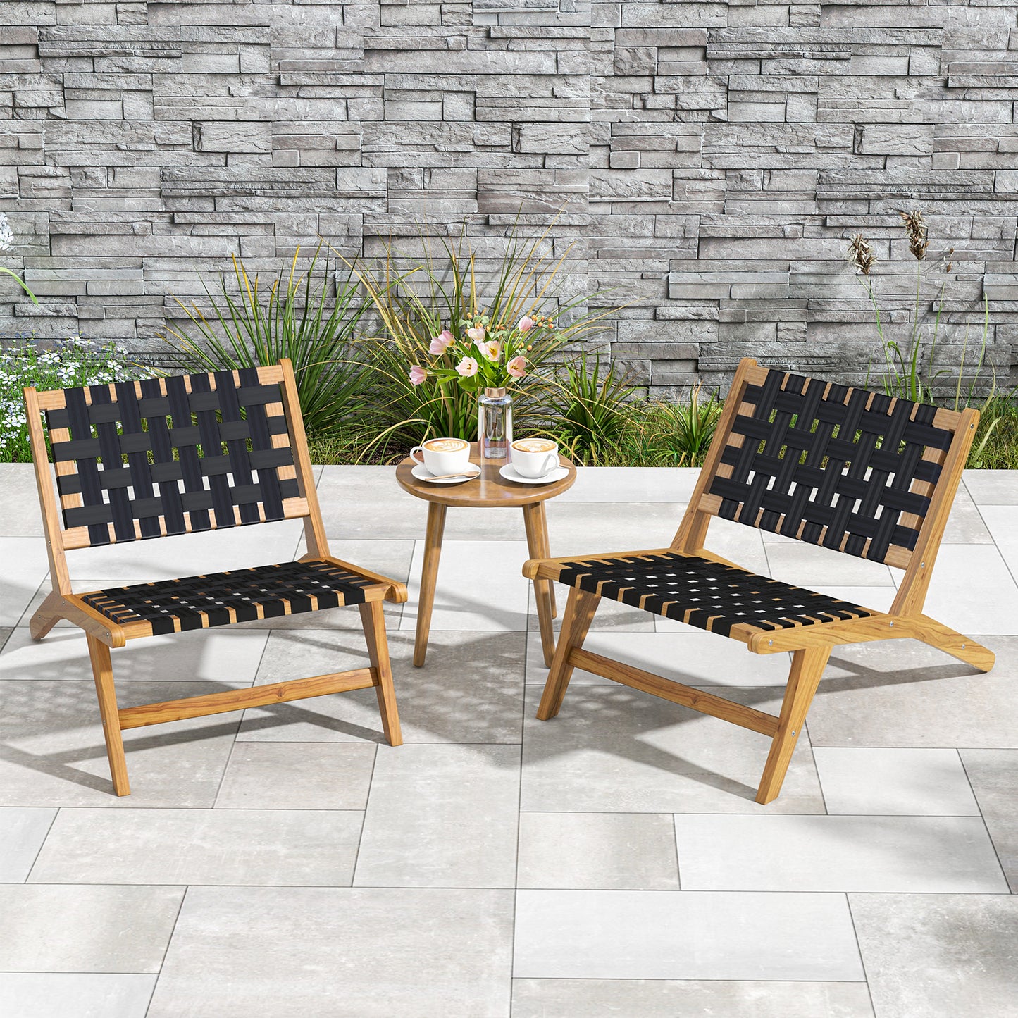 Indoor Patio Teak Wooden Chair with Woven Webbing Seat and Backrest, Natural & Black Patio Dining Chairs at Gallery Canada