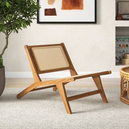 Teak Wooden Chair with Handwoven Rattan Seat and Backrest, Natural Patio Dining Chairs Natural at Gallery Canada