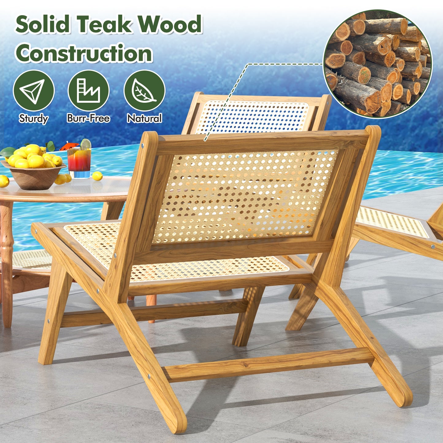 Teak Wooden Chair with Handwoven Rattan Seat and Backrest, Natural Patio Dining Chairs at Gallery Canada