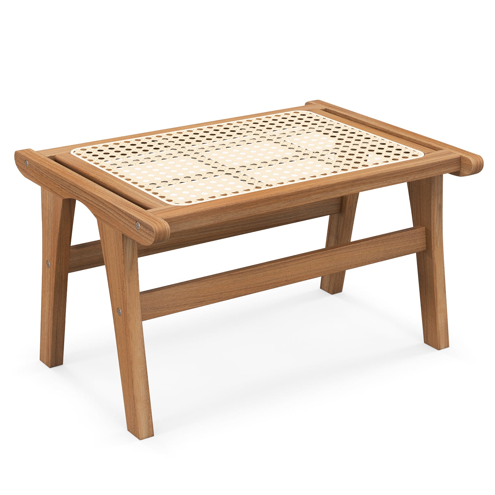 Natural Teak Wooden Foot Rest, Handwoven Rattan, Natural Ottomans Natural at Gallery Canada