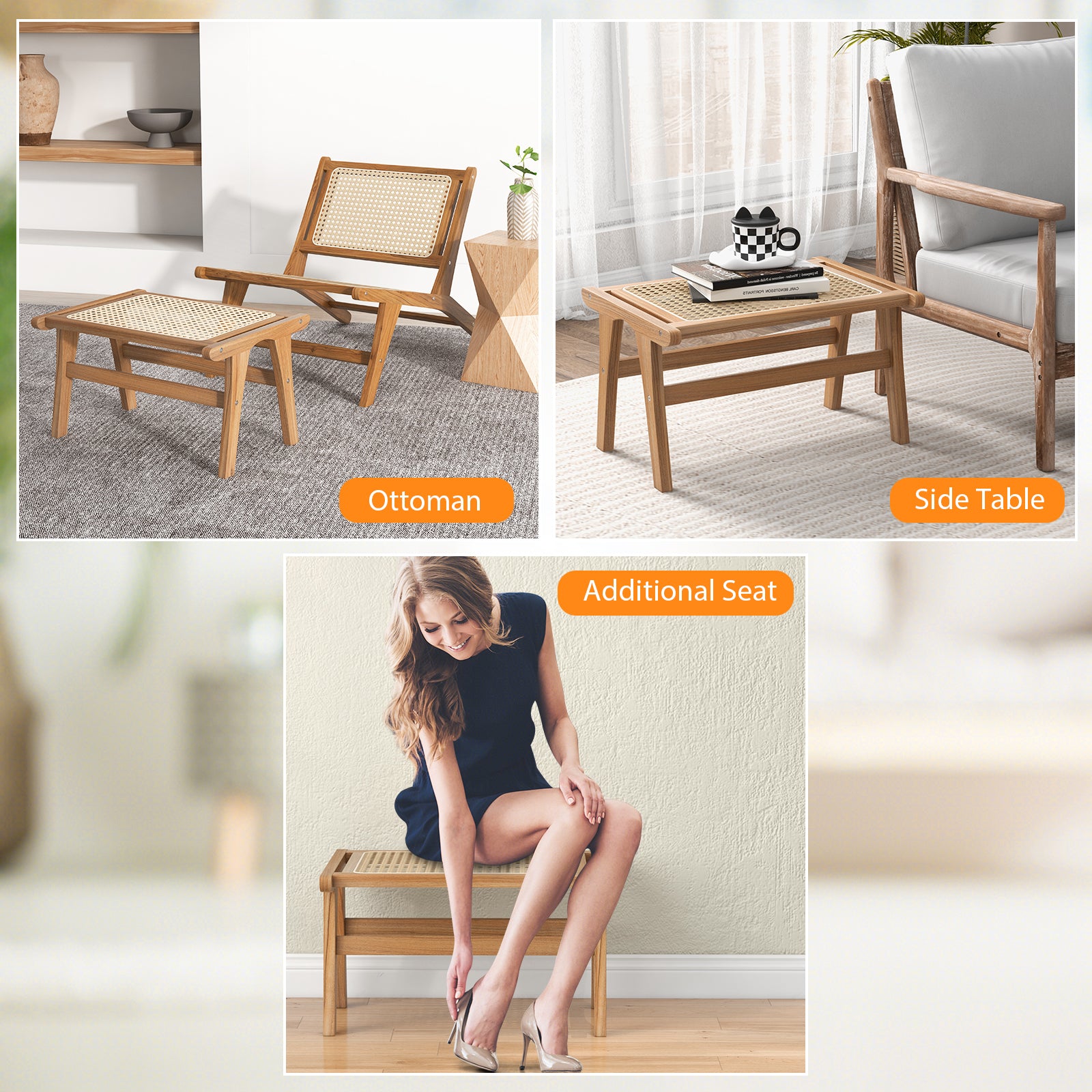 Natural Teak Wooden Foot Rest with Handwoven Rattan, Natural Ottomans at Gallery Canada