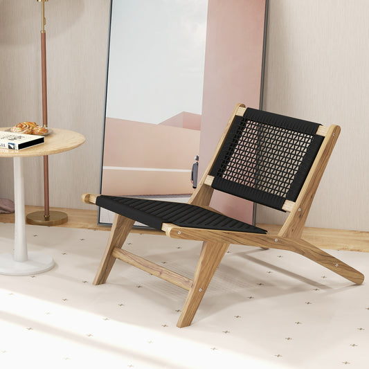 Indoor Outdoor Teak Wooden Chair with Handwoven Cordage Seat and Backrest, Natural & Black Patio Dining Chairs Natural & Black at Gallery Canada