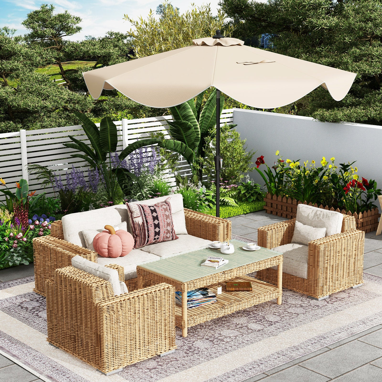 9 FT Patio Umbrella with Crank Handle and Push Button Tilt, Beige Outdoor Umbrellas at Gallery Canada