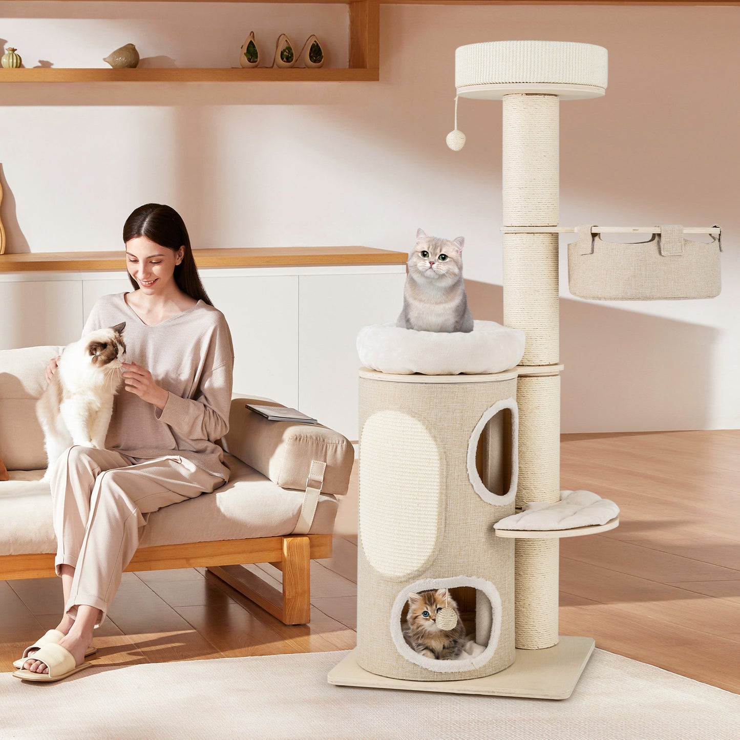 61 Inches Cat Tree for Indoor Cats with 2-stoery Condo and Top Perch, Natural Cat Trees Condos & Scratchers at Gallery Canada