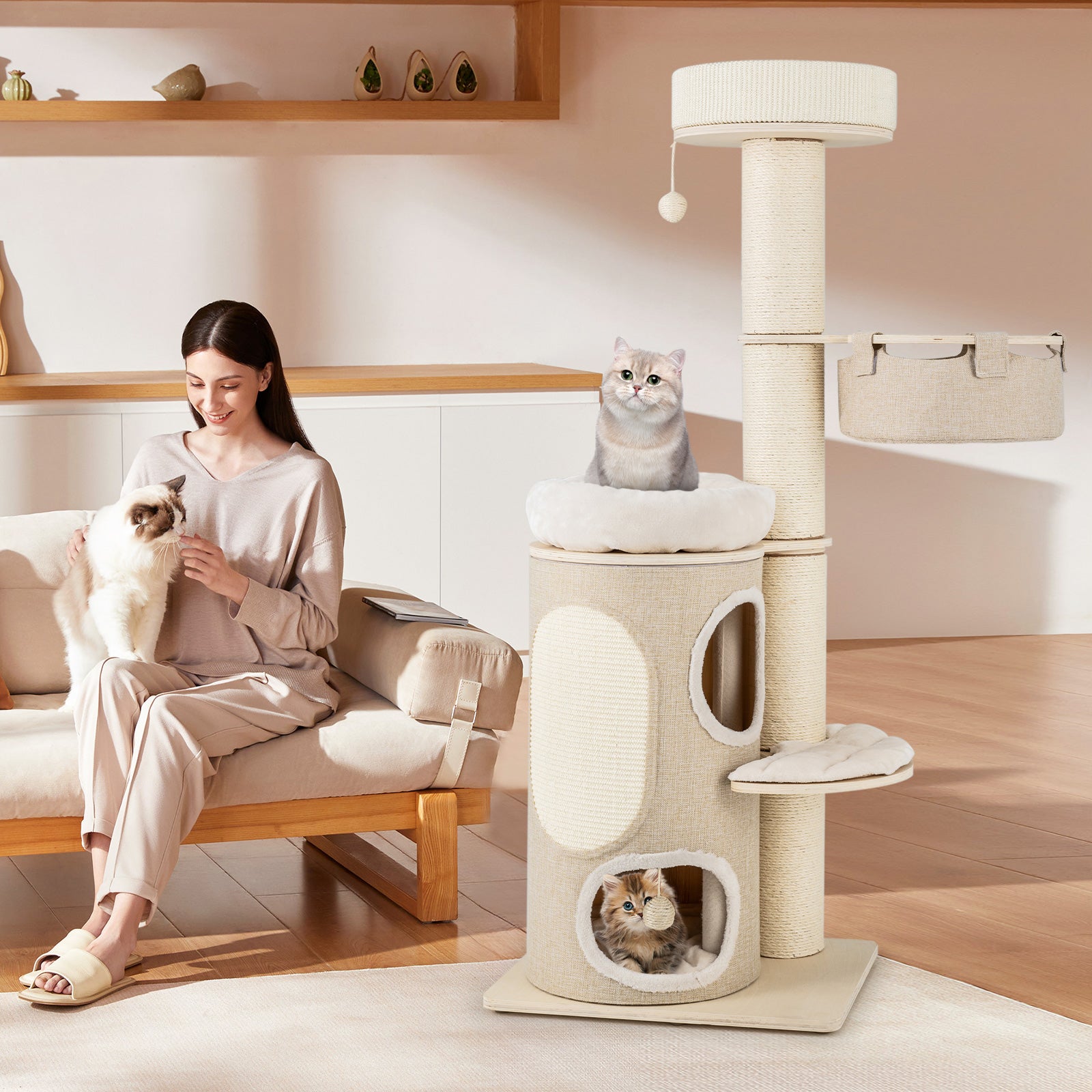61 Inches Cat Tree for Indoor Cats with 2-stoery Condo and Top Perch, Natural Cat Trees Condos & Scratchers at Gallery Canada