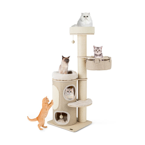 61 Inches Cat Tree for Indoor Cats with 2-stoery Condo and Top Perch, Natural