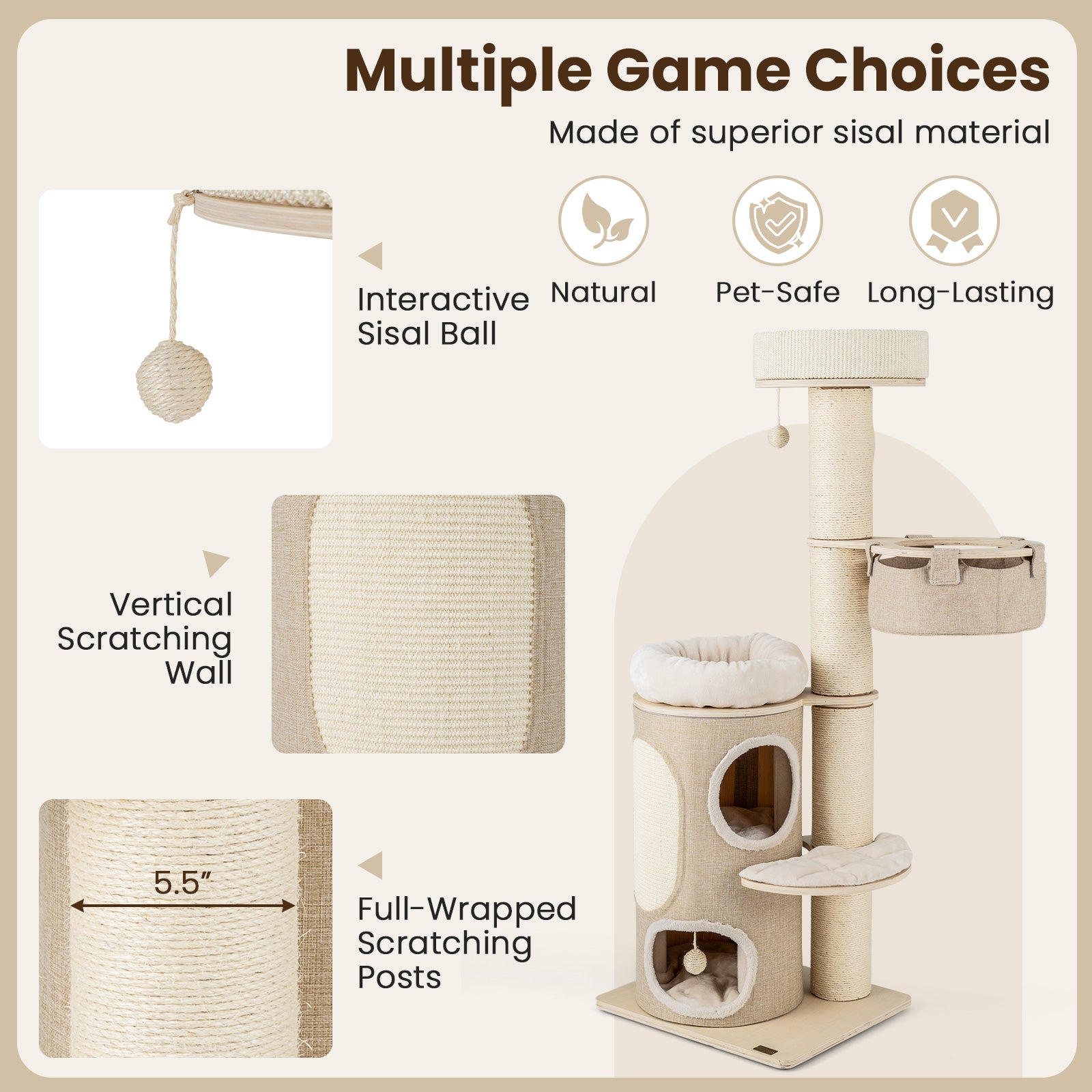 61 Inches Cat Tree for Indoor Cats with 2-stoery Condo and Top Perch, Natural Cat Trees Condos & Scratchers at Gallery Canada