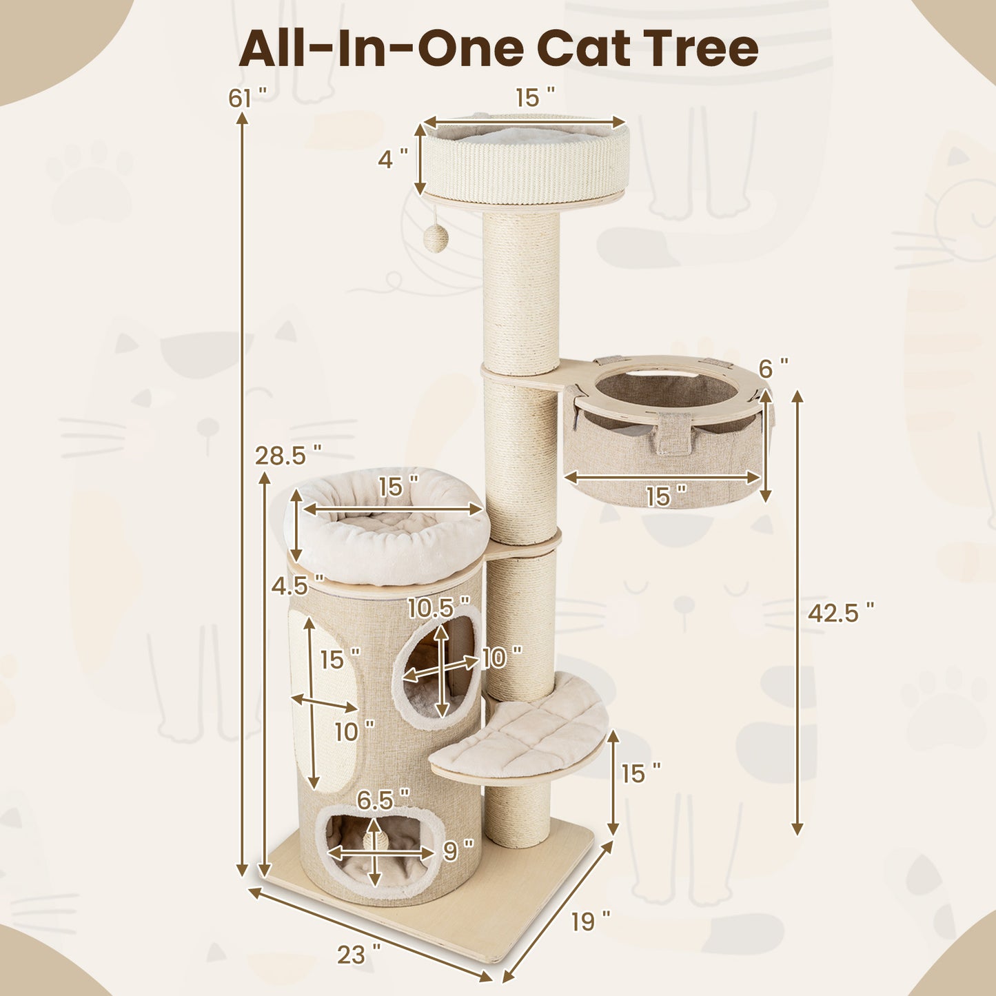 61 Inches Cat Tree for Indoor Cats with 2-stoery Condo and Top Perch, Natural Cat Trees Condos & Scratchers at Gallery Canada