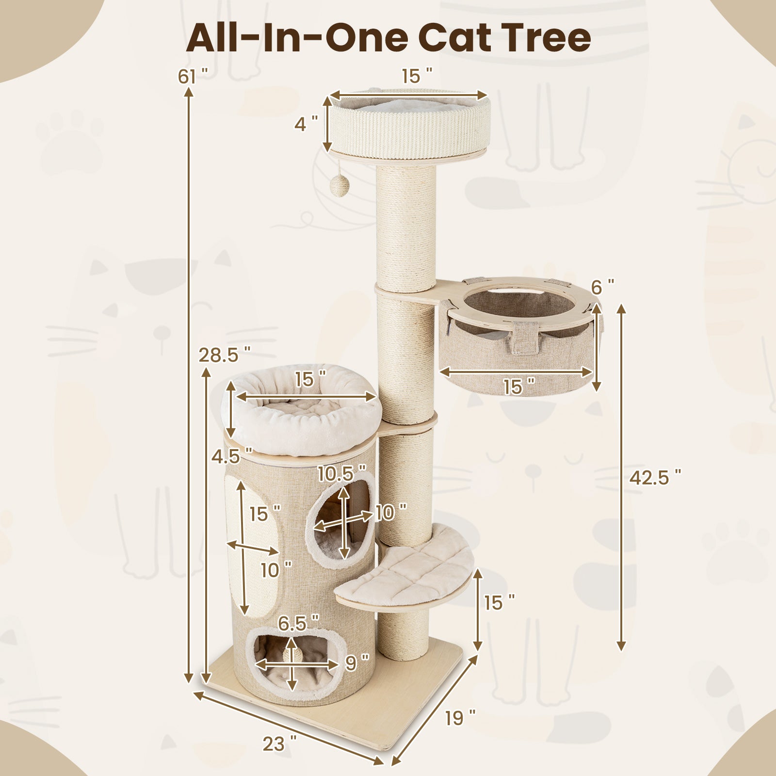 61 Inches Cat Tree for Indoor Cats with 2-stoery Condo and Top Perch, Natural Cat Trees Condos & Scratchers at Gallery Canada