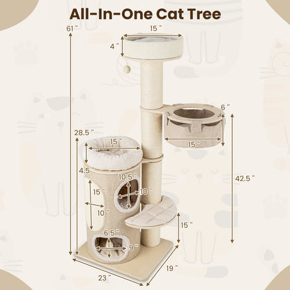 61 Inches Cat Tree for Indoor Cats with 2-stoery Condo and Top Perch, Natural Cat Trees Condos & Scratchers at Gallery Canada