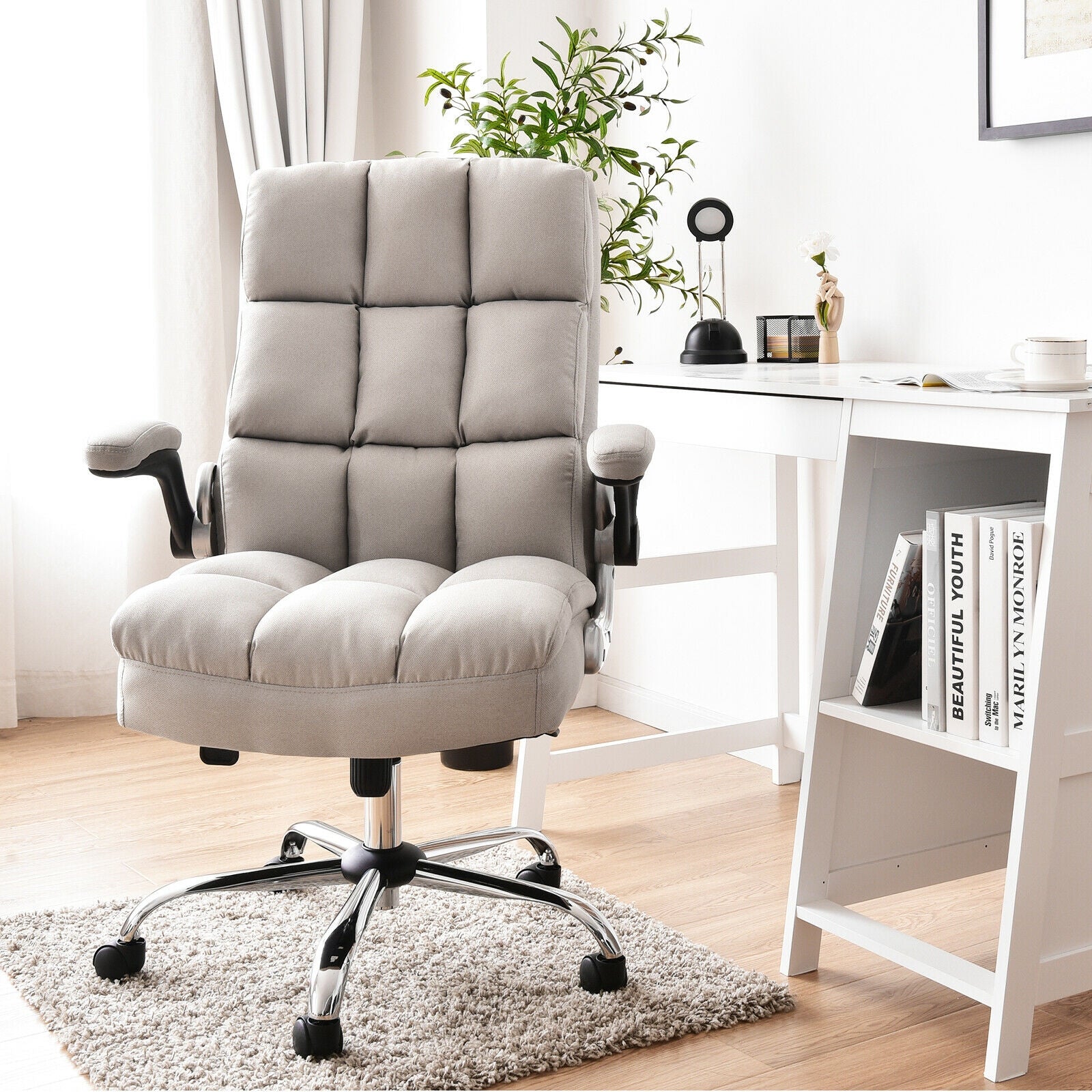 Adjustable Swivel Office Chair with High Back and Flip-up Arm for Home and Office, Beige Leisure Chairs at Gallery Canada