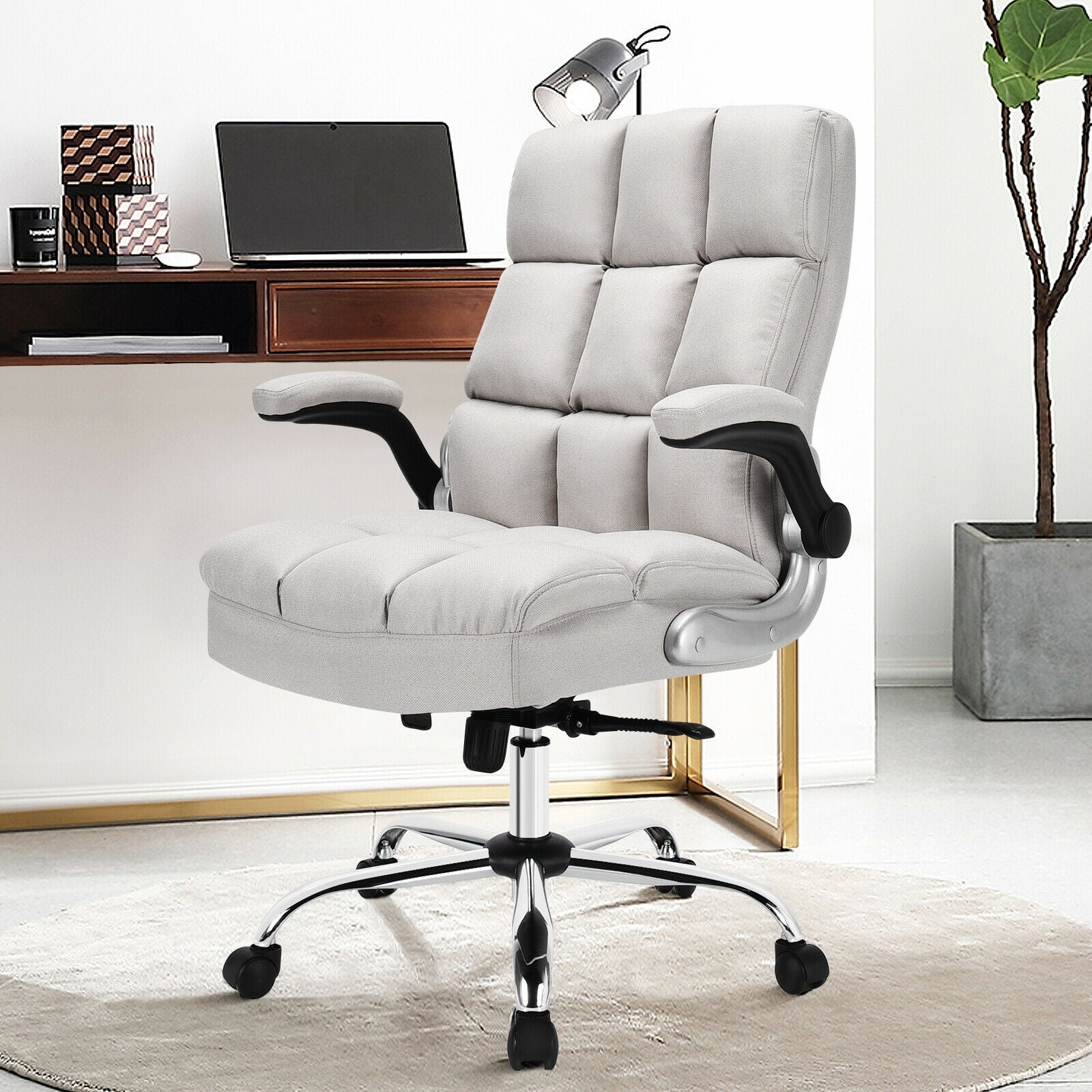 Adjustable Swivel Office Chair with High Back and Flip-up Arm for Home and Office, Beige Leisure Chairs at Gallery Canada