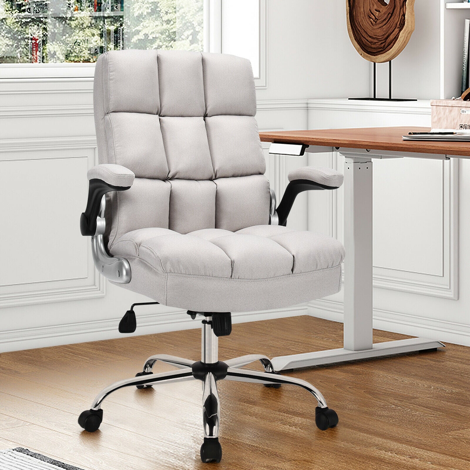 Adjustable Swivel Office Chair with High Back and Flip-up Arm for Home and Office, Beige Leisure Chairs at Gallery Canada