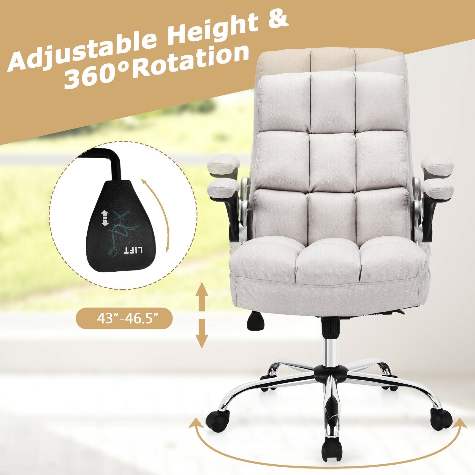 Adjustable Swivel Office Chair with High Back and Flip-up Arm for Home and Office, Beige Leisure Chairs at Gallery Canada
