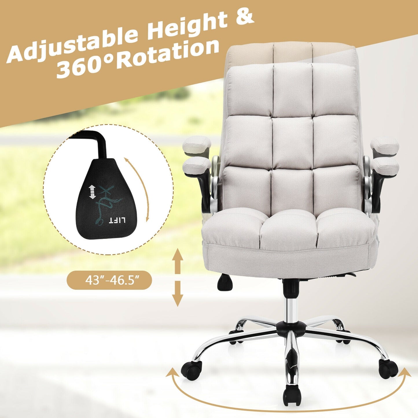 Adjustable Swivel Office Chair with High Back and Flip-up Arm for Home and Office, Beige Leisure Chairs at Gallery Canada