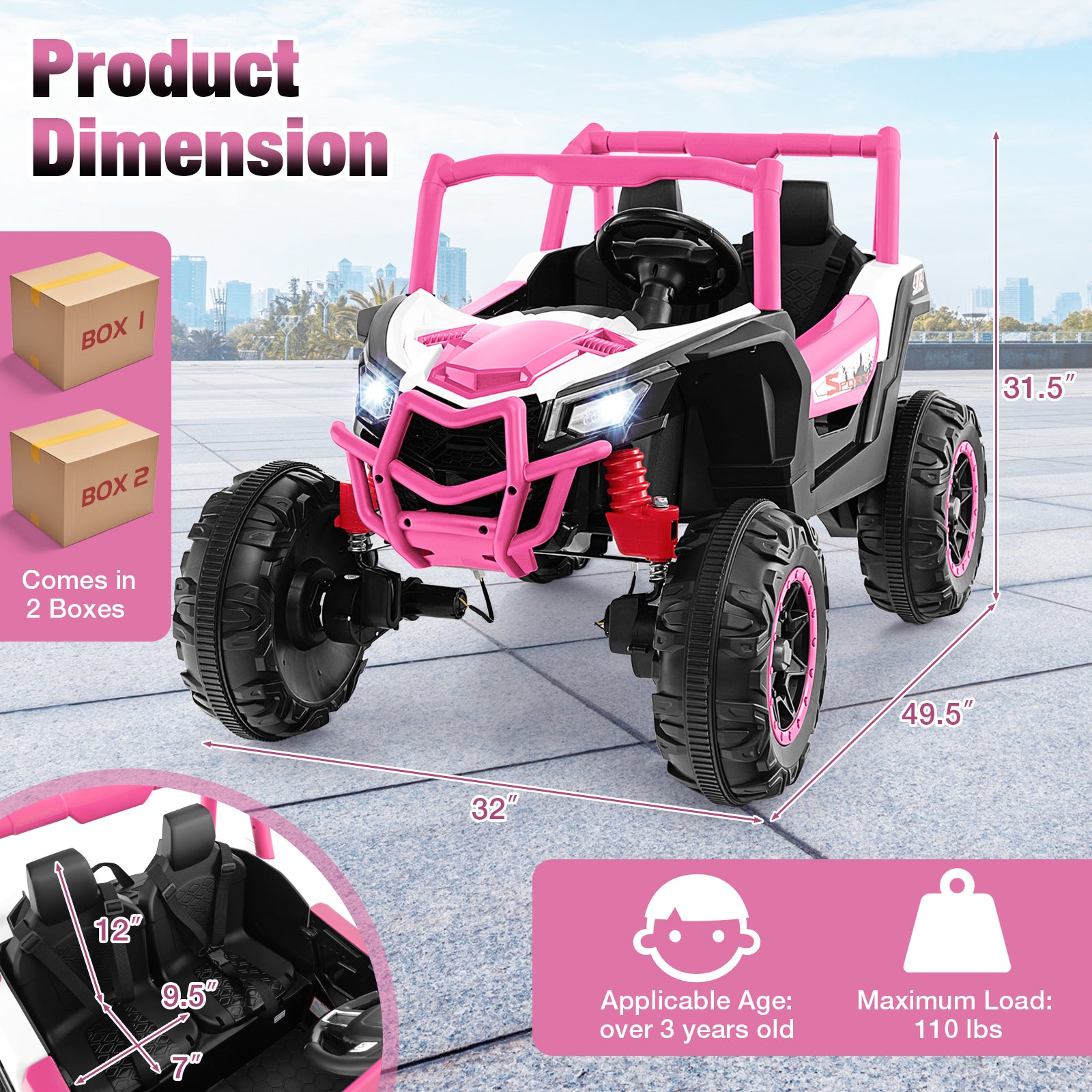 2-Seater Kids Ride on UTV with 2.4G Remote Control for over 3 Years Old Children, Pink Powered Ride On Toys at Gallery Canada