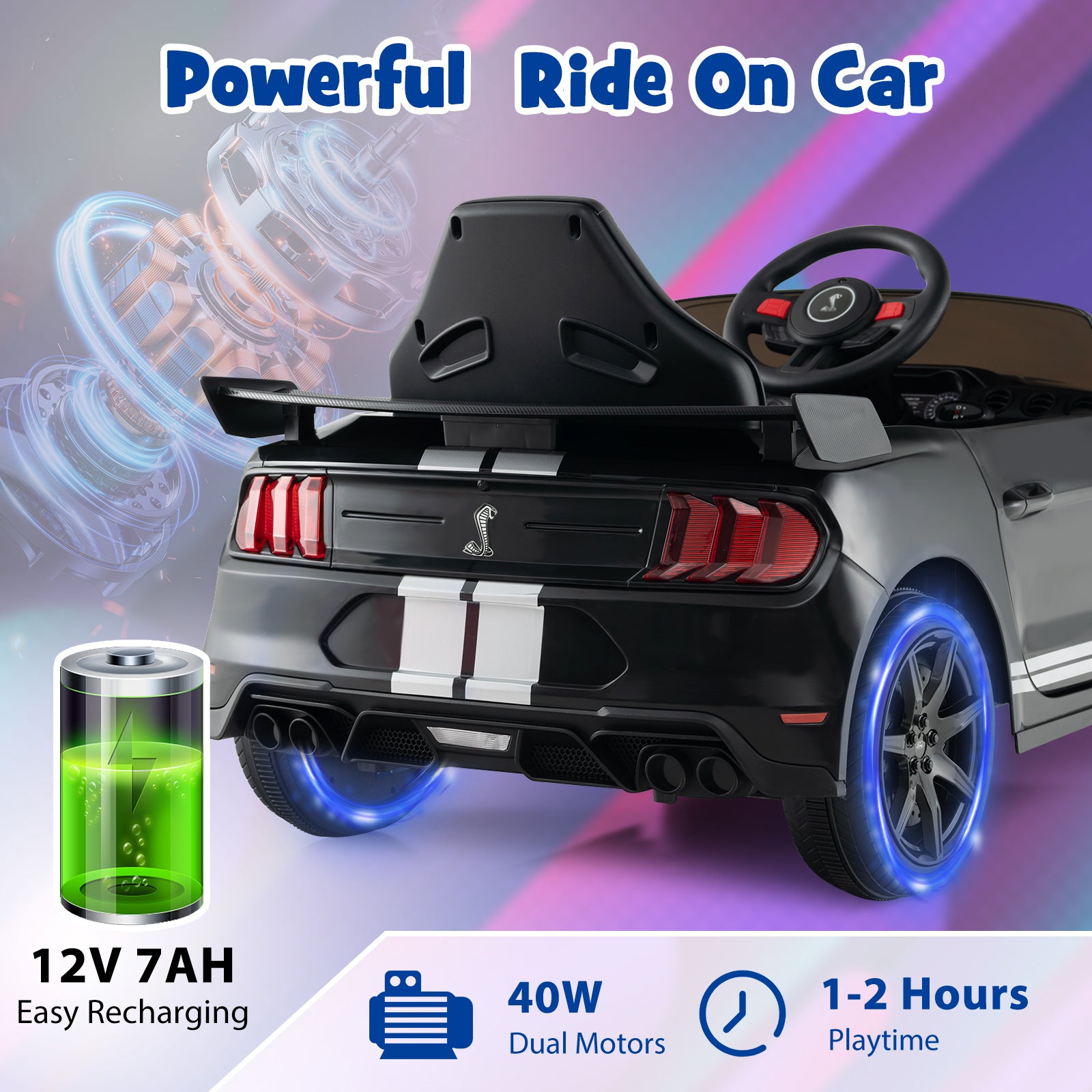 12V Licensed Ford Mustang Shelby GT500 Kids Ride on Car with Remote Control for Kids Aged 3-8, Black Powered Ride On Toys at Gallery Canada