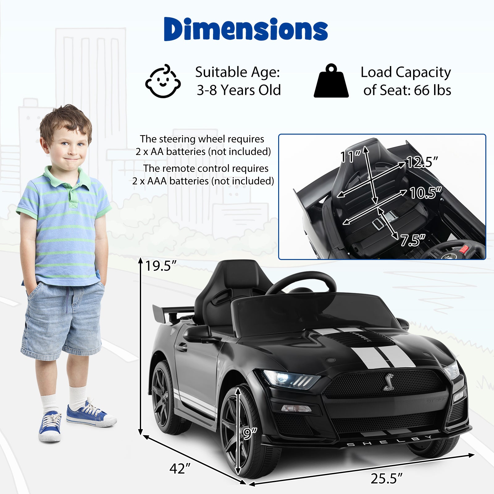 12V Licensed Ford Mustang Shelby GT500 Kids Ride on Car with Remote Control for Kids Aged 3-8, Black Powered Ride On Toys at Gallery Canada