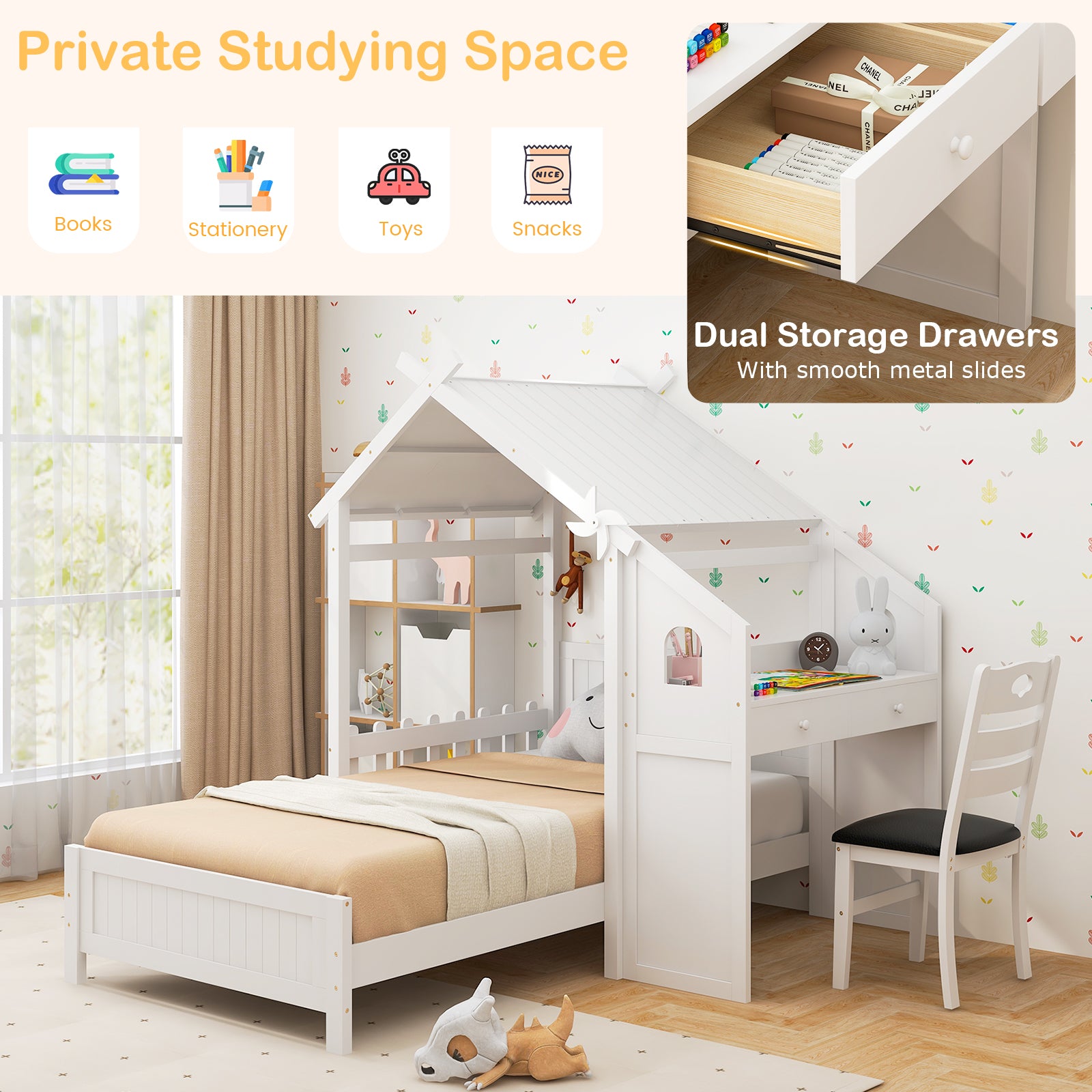 Twin House Bed with with 2 Drawers and Windmill, White Simple Bed Frame at Gallery Canada