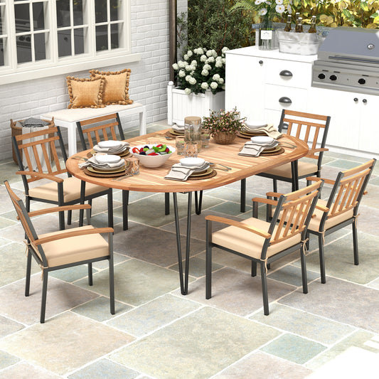 79 Inch Oval Patio Dining Table, Acacia Wood Tabletop, Umbrella Hole, Natural, Black Patio Dining Tables Natural & Black at Gallery Canada