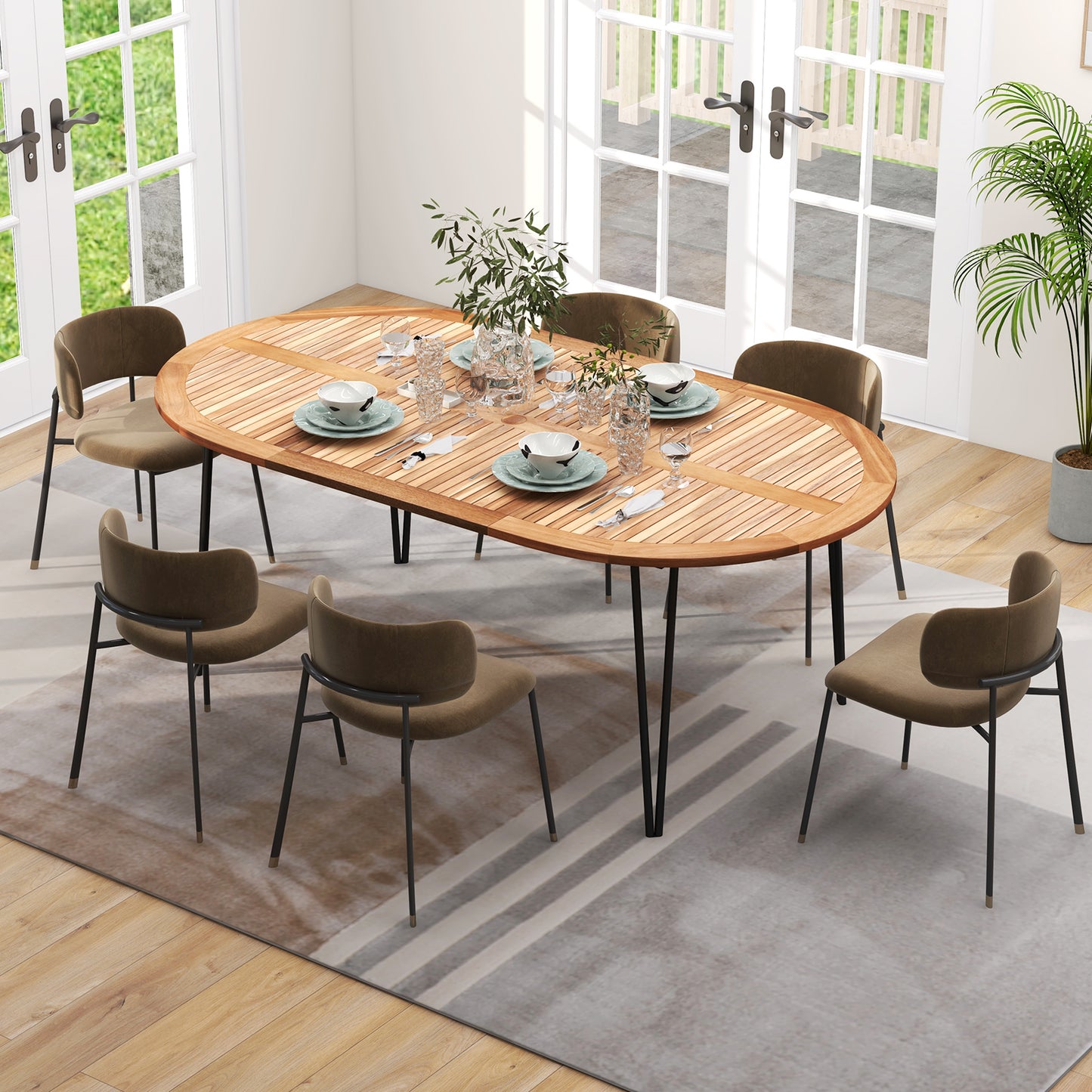 79 Inch Oval Patio Dining Table, Acacia Wood Tabletop, Umbrella Hole, Natural, Black Patio Dining Tables at Gallery Canada