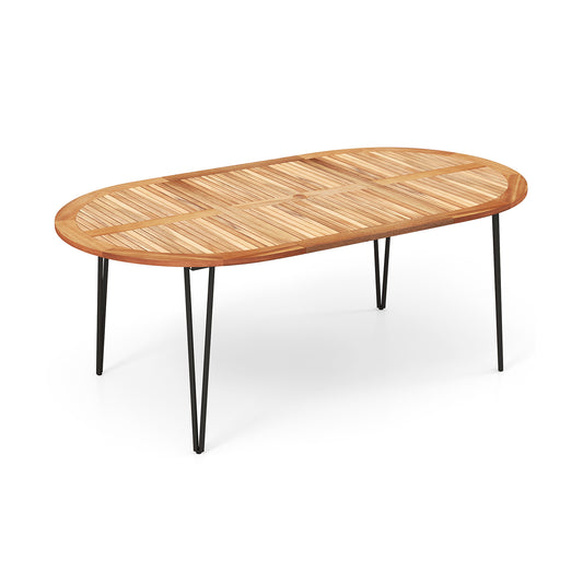 79 Inch Oval Patio Dining Table, Acacia Wood Tabletop, Umbrella Hole, Natural, Black Patio Dining Tables Natural & Black at Gallery Canada