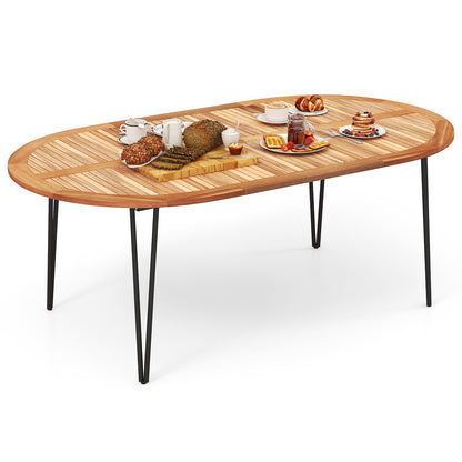 79 Inch Oval Patio Dining Table, Acacia Wood Tabletop, Umbrella Hole, Natural, Black Patio Dining Tables at Gallery Canada