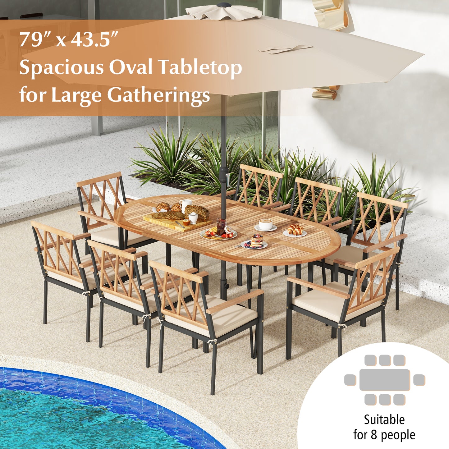79 Inch Oval Patio Dining Table, Acacia Wood Tabletop, Umbrella Hole, Natural, Black Patio Dining Tables at Gallery Canada
