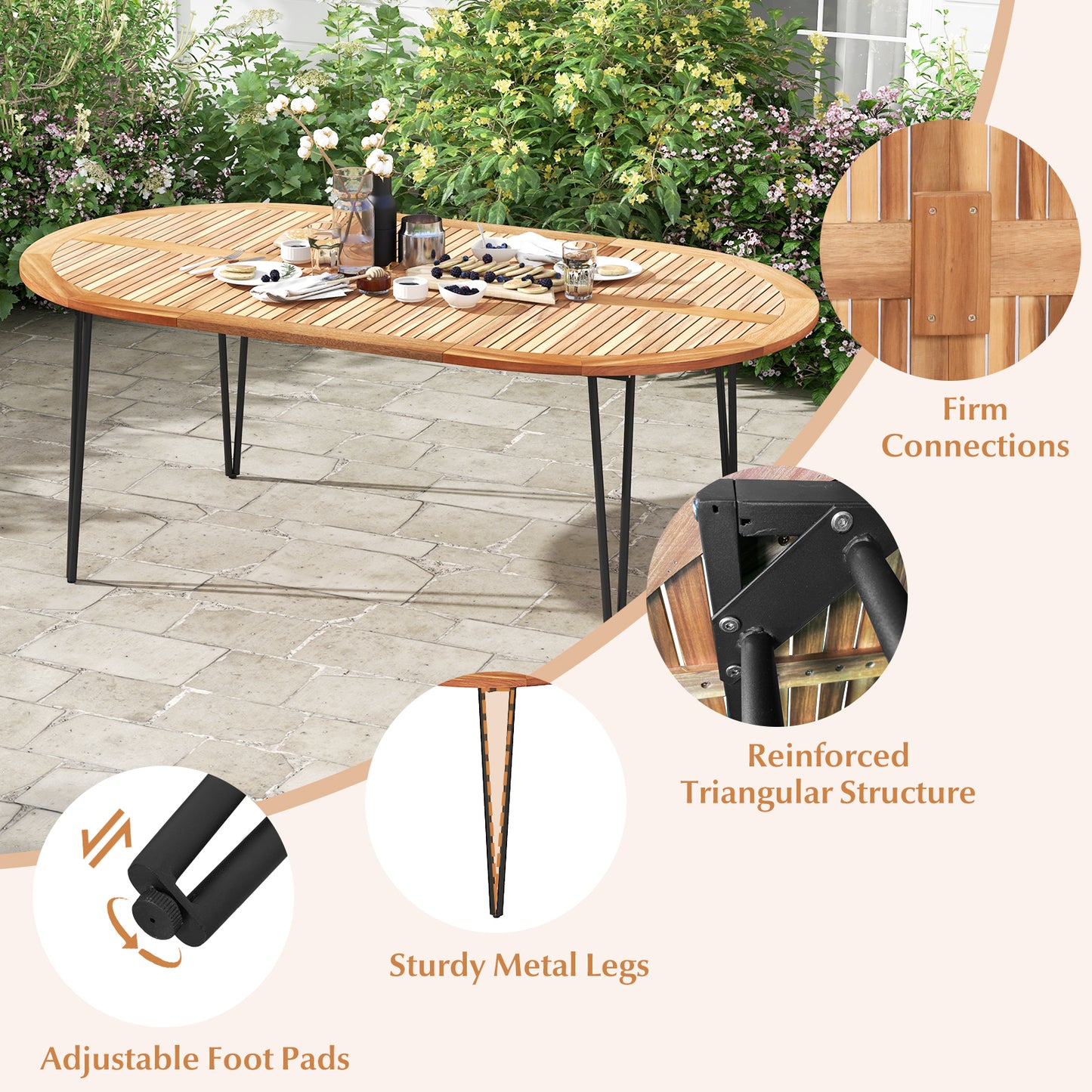 79 Inch Oval Patio Dining Table, Acacia Wood Tabletop, Umbrella Hole, Natural, Black Patio Dining Tables at Gallery Canada