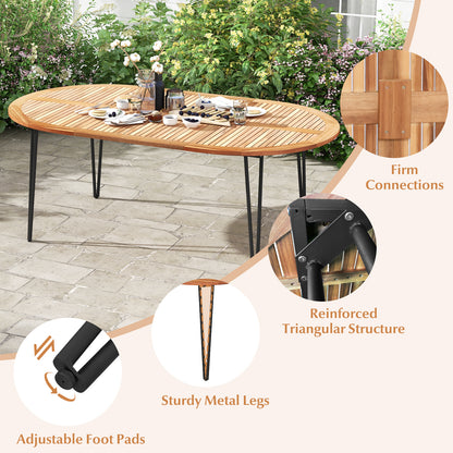 79 Inch Oval Patio Dining Table, Acacia Wood Tabletop, Umbrella Hole, Natural, Black Patio Dining Tables at Gallery Canada