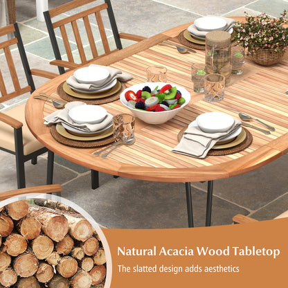 79 Inch Oval Patio Dining Table, Acacia Wood Tabletop, Umbrella Hole, Natural, Black Patio Dining Tables at Gallery Canada