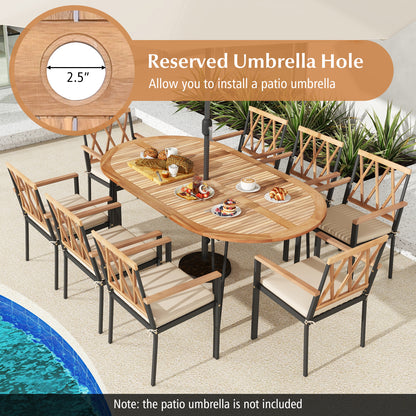 79 Inch Oval Patio Dining Table, Acacia Wood Tabletop, Umbrella Hole, Natural, Black Patio Dining Tables at Gallery Canada