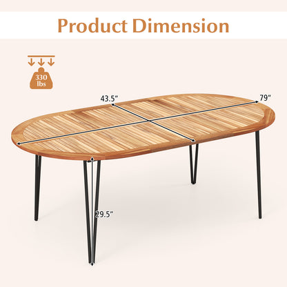 79 Inch Oval Patio Dining Table, Acacia Wood Tabletop, Umbrella Hole, Natural, Black Patio Dining Tables at Gallery Canada