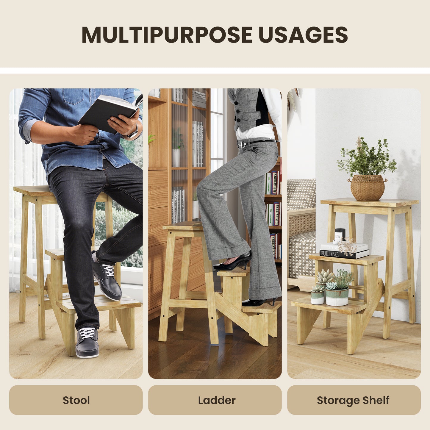 3-in-1 Rubber Wood Step Stool with Convenient Handle, Natural Kitchen Utensils at Gallery Canada