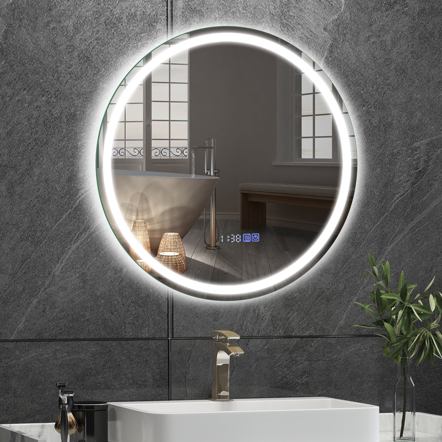 24 Inch Anti-Fog Bathroom Wall Mirror with 3-Color LED Lights and Temperature Display Wall Mirrors at Gallery Canada