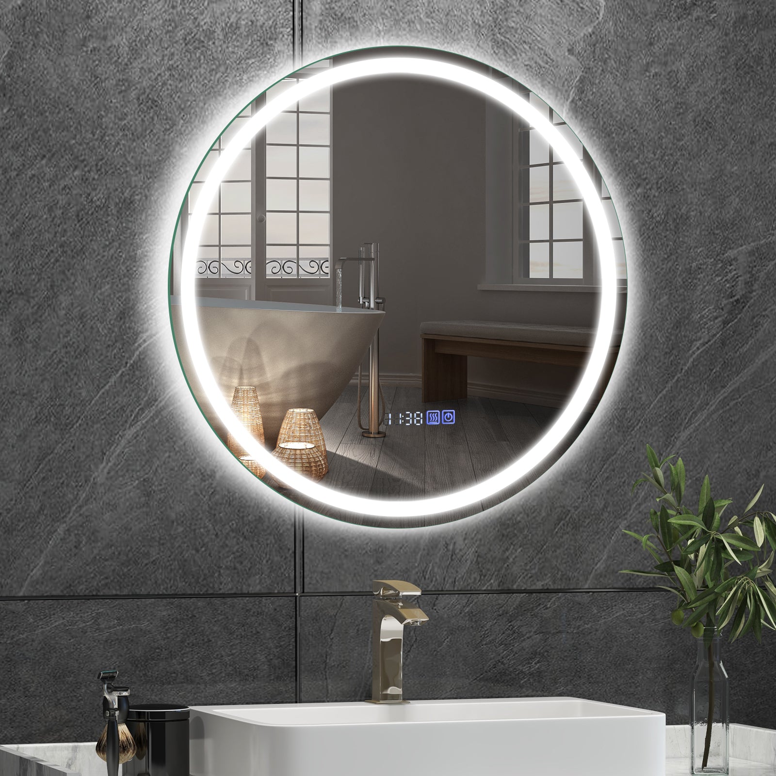 24 Inch Anti-Fog Bathroom Wall Mirror with 3-Color LED Lights and Temperature Display Wall Mirrors at Gallery Canada